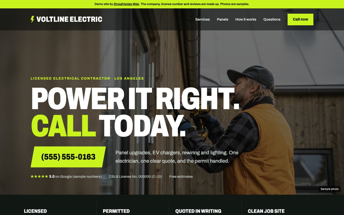 Desktop view of the Voltline Electric demo: giant black and lime headline with the phone number as a button