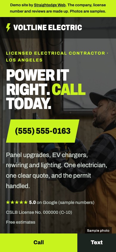 Phone view of the electrical demo with a lime call button