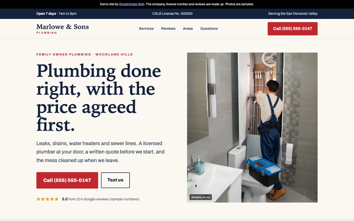 Desktop view of the Marlowe and Sons plumbing demo: serif headline, red call button, a plumber in a bathroom