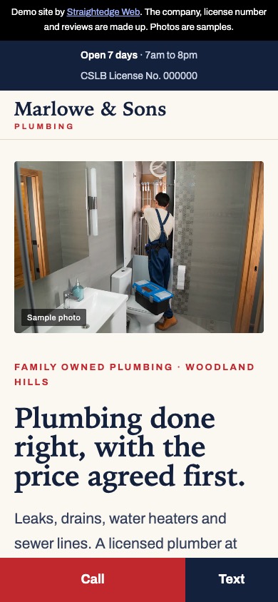 Phone view of the plumbing demo with a photo and a call button on the first screen