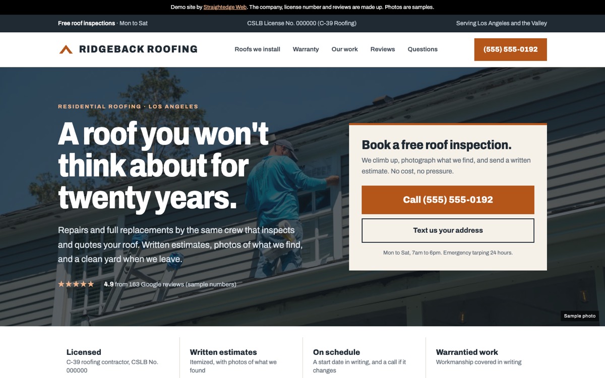 Desktop view of the Ridgeback Roofing demo: a full-width roof photo, headline and inspection card