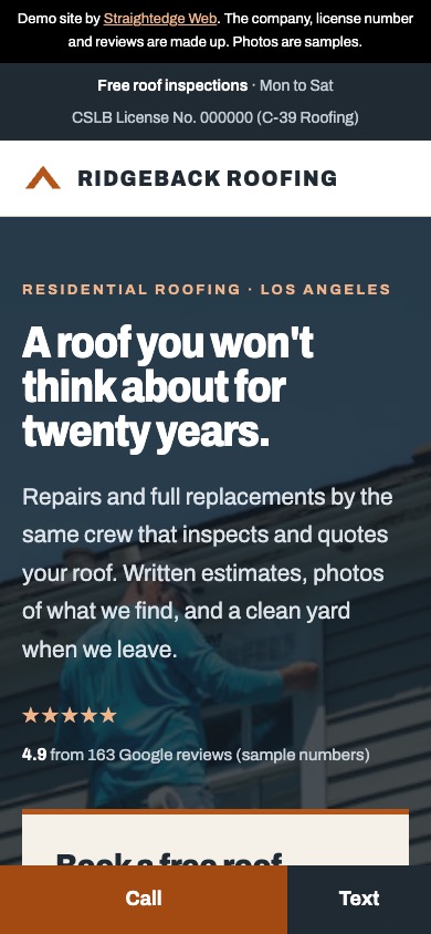 Phone view of the roofing demo with a copper call button